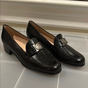 Salvadore Ferragamo Black pebbled calf Loafers with Medallion Detail
